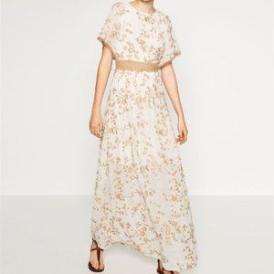 Zara | Off White Tan Embroidered Maxi Dress